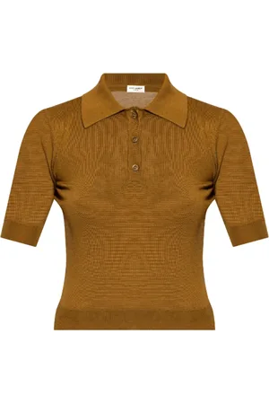 Saint Laurent Top, Dame, Brun, M, Uld, Brun strikket poloshirt