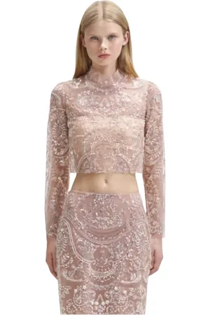 Self-Portrait Top, Dame, Lilla, S, Silver Sequin Paisley Mesh Top