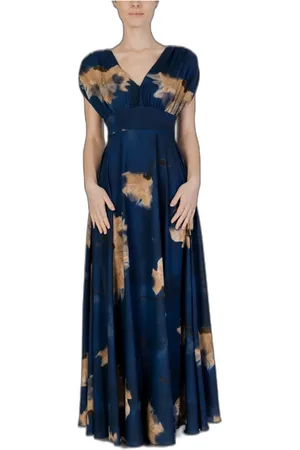 Rinascimento Kjole, Dame, Blå, XS, Polyester, Blå Blomstret Kjole med V-udskæring