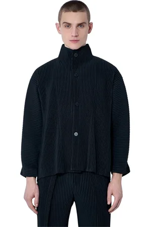 Issey Miyake Jakke, Herre, Sort, XL, Polyester, Plisseret Stand Krave Jakke