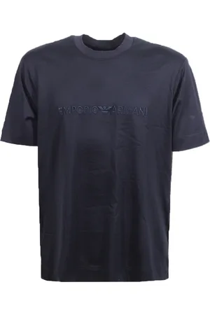 Emporio Armani Top, Herre, Blå, XL, Bomuld, Blå Logo Broderet Crew-neck T-shirt