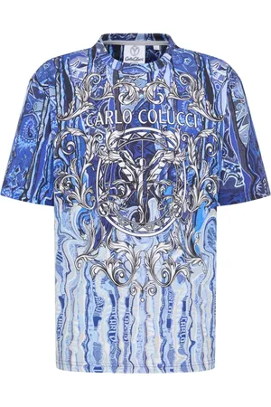 Carlo Colucci Top, Herre, Blå, XS, Kunstnerisk Strik Print T-Shirt