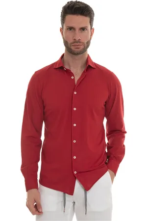 Gran Sasso Skjorte, Herre, Rød, M, Bomuld, Fransk Hals Polo Shirt Tekstureret Stof