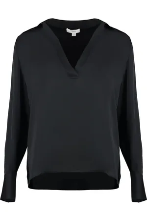 Vince Bluser & Skjorter, Dame, Sort, L, Uld, Silke V-Neck Bluse med Sideslidser