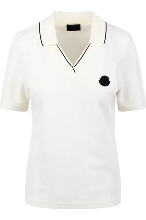 Moncler Top, Dame, Hvid, M, Bomuld, Polo Shirt med Logo Patch og Stribet Kant