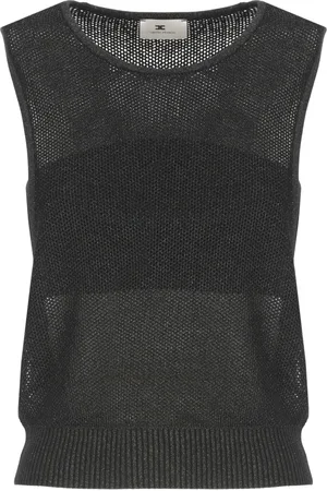 Elisabetta Franchi Strik, Dame, Sort, XS, Sort Ærmeløs Perforeret Sweater med Lurex