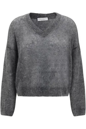 Brunello Cucinelli Strik, Dame, Grå, M, Uld, Mohair V-Neck Sweater med Ribbed Hem