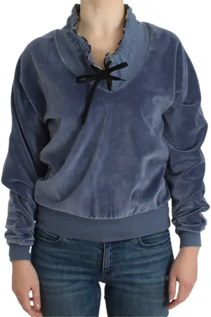 Roberto Cavalli Sweathshirts & Hoodies, Dame, Blå, S, Bomuld, Elegant Mock Sweater med Rhinestone Detaljer