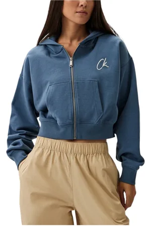 Calvin Klein Sweathshirts & Hoodies, Dame, Blå, M, Bomuld, Broderet CK Lynlås Hættetrøje