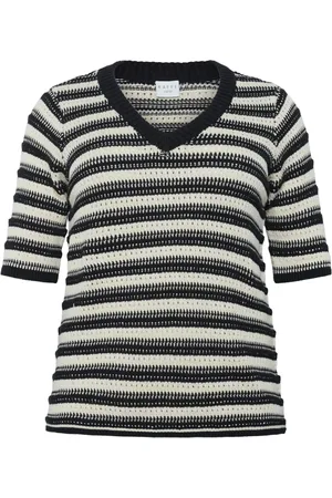 Kaffe Strik, Dame, Sort, L, Uld, Stribet Pullover Sweater V-Hals Stil