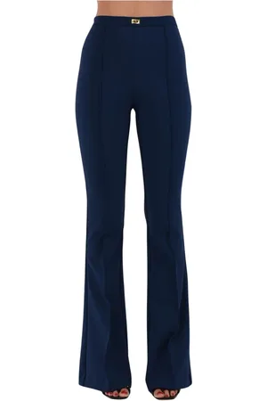 Elisabetta Franchi Bukser, Dame, Blå, XL, Polyester, Flarede Crêpe Bukser med Logo Plakette