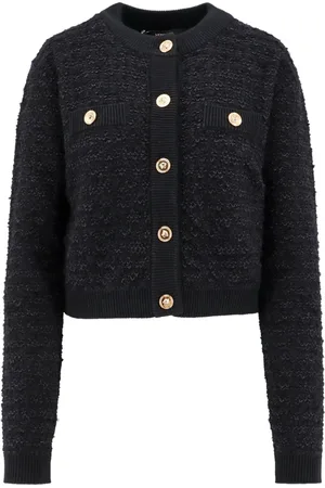 VERSACE Strik, Dame, Sort, S, Tweed, Bouclé Tweed Cardigan med Medusa Knapper