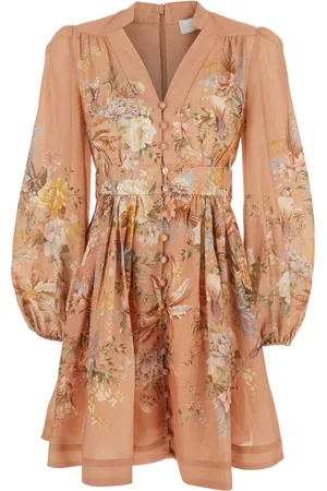 ZIMMERMANN Kjole, Dame, Lyserød, L, Linned, Blomstret Linned Plunge Kjole i