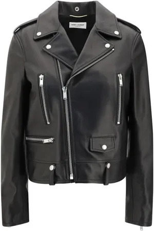 Saint Laurent Jakke, Dame, Sort, S, Lammeskind Bikerjakke med lynlåslommer