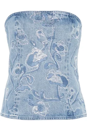 ROTATE Top, Dame, Blå, XS, Denim, Indigo Blå Denim Kjole med Blomsterbroderi