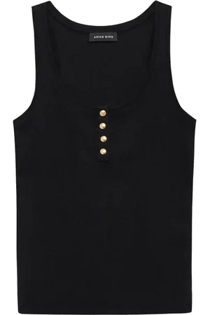 ANINE BING Top, Dame, Sort, M, Uld, Ribbet tanktop med guld knapper