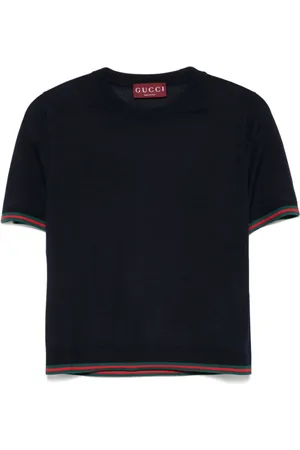 Gucci Top, Dame, Blå, M, Blå Crew Neck Top med Web-Stripe Trim
