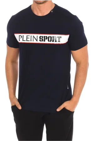 Philipp Plein Top, Herre, Blå, M, Bomuld, Kortærmet T-shirt med Brand Print