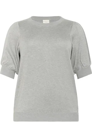 Kaffe Strik, Dame, Grå, L, Uld, Grå Melange Plisseret Pullover Sweater
