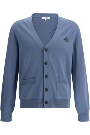 Maison Kitsuné Strik, Herre, Blå, M, Uld, Broderet Ræv Logo Uld Cardigan