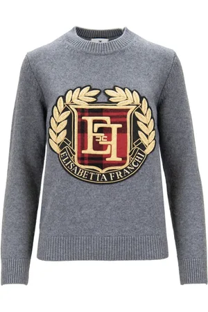 Elisabetta Franchi Strik, Dame, Grå, XS, Uld, Striktrøje med Logo Patch