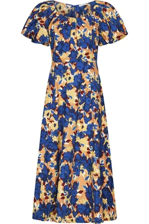 ULLA JOHNSON Kjole, Dame, Flerfarvet, M, Bomuld, Blå Blomstret Midi Kjole Elegant Anledninger