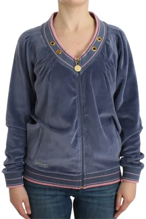 Roberto Cavalli Sweathshirts & Hoodies, Dame, Blå, M, Bomuld, Elegant Blå Zip-Up Cardigan med Gyldne Detaljer