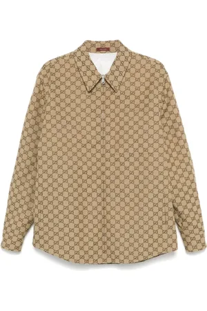 Gucci Jakke, Herre, Brun, XL, Uld, Beige Skjorte med Lynlås og Polstret Design