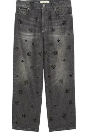 Max Mara Jeans, Dame, Sort, M, Bomuld, Blomstret Broderet Bomuld Straight Leg Jeans