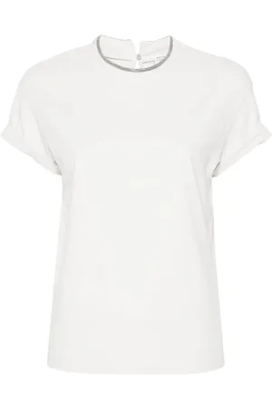 Brunello Cucinelli Top, Dame, Hvid, M, Bomuld, Rhinestone Crew Neck T-shirt