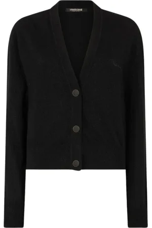 Roberto Cavalli Strik, Dame, Sort, XS, Uld, Broderet cardigan i uldblanding med knapper