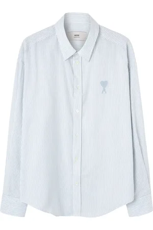 Ami Skjorte, Herre, Blå, 2XL, Broderet Stribet Skjorte