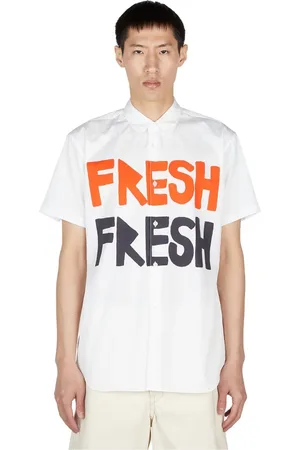 Comme des Garçons Skjorte, Herre, Hvid, S, Bomuld, Text Print Shirt