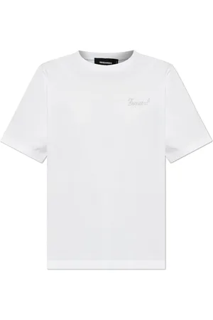 Dsquared2 Top, Dame, Hvid, L, Bomuld, T-shirt med logo, afsluttet med skinnende applikationer