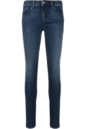 Emporio Armani Jeans, Dame, Blå, W29, Læder, Skinny Fit Denim Jeans med læderlogo