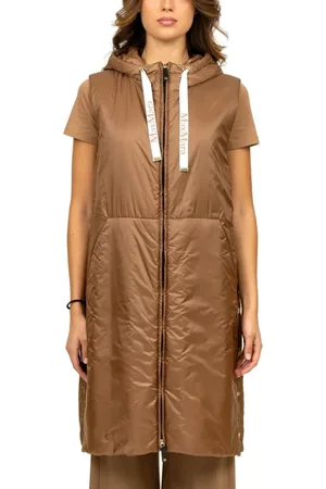 Max Mara Jakke, Dame, Brun, 2XS, Polyester, Camel Vandafvisende Midi Gilet med Hætte