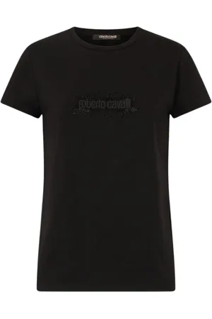 Roberto Cavalli Top, Dame, Sort, M, Bomuld, T-shirt med logo og rhinsten