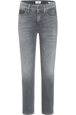 Cambio Jeans, Dame, Grå, L, Bomuld, Grå Cropped Jeans med Glimmerdetaljer