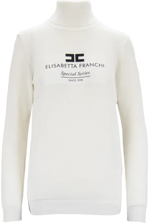 Elisabetta Franchi Strik, Dame, Hvid, XL, Uld, Elegant højhalset sweater med logo