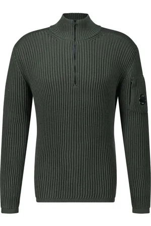 C.P. Company Strik, Herre, Grøn, XL, Uld, Ribstrikket sweater med halv lynlås
