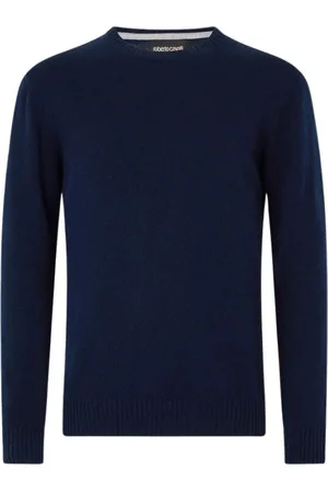 Roberto Cavalli Strik, Herre, Blå, M, Uld, Uld Crew-Neck Sweater