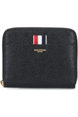 Thom Browne Tilbehør, Dame, Sort, ONE SIZE, Uld, Three Stripes Pebble Grain Lynlås Rund Halv Pung
