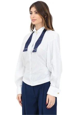 Elisabetta Franchi Bluser & Skjorter, Dame, Hvid, S, Uld, Stribet langærmet skjorte med baske