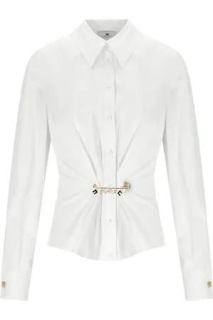 Elisabetta Franchi Bluser & Skjorter, Dame, Hvid, L, Bomuld, Hvid Stribet Skjorte med Broche