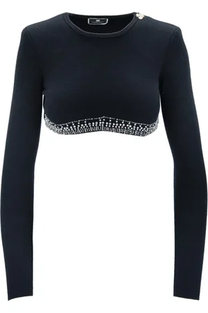 Elisabetta Franchi Strik, Dame, Sort, M, Uld, Langærmet Cropped Top med Pynt