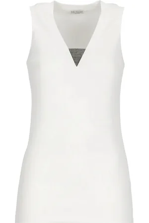 Brunello Cucinelli Top, Dame, Hvid, L, Ærmeløs top med diamantudskårne messingdetaljer