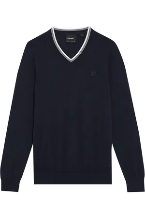 Lyle & Scott Strik, Herre, Blå, M, Bomuld, Stribet V-hals Jumper