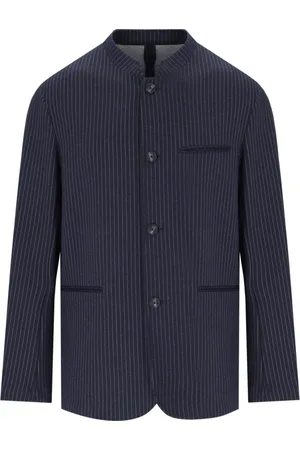 Emporio Armani Jakke, Herre, Blå, XL, Polyester, Navyblå Nålestribet Jakke med Mandarin Krave