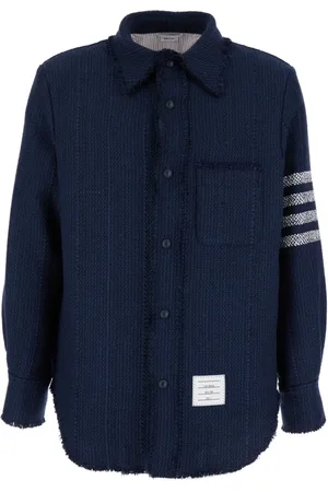 Thom Browne Skjorte, Herre, Blå, M, Bomuld, Snap Front Shirt Jacket med Frayed Kant
