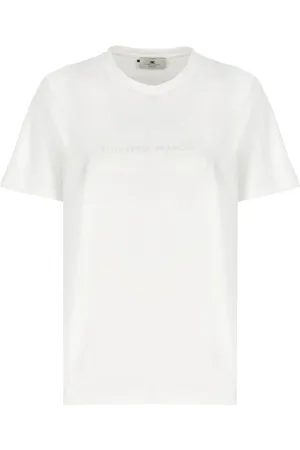 Elisabetta Franchi Top, Dame, Hvid, L, Bomuld, Jersey T-shirt med broderet logo og rhinsten